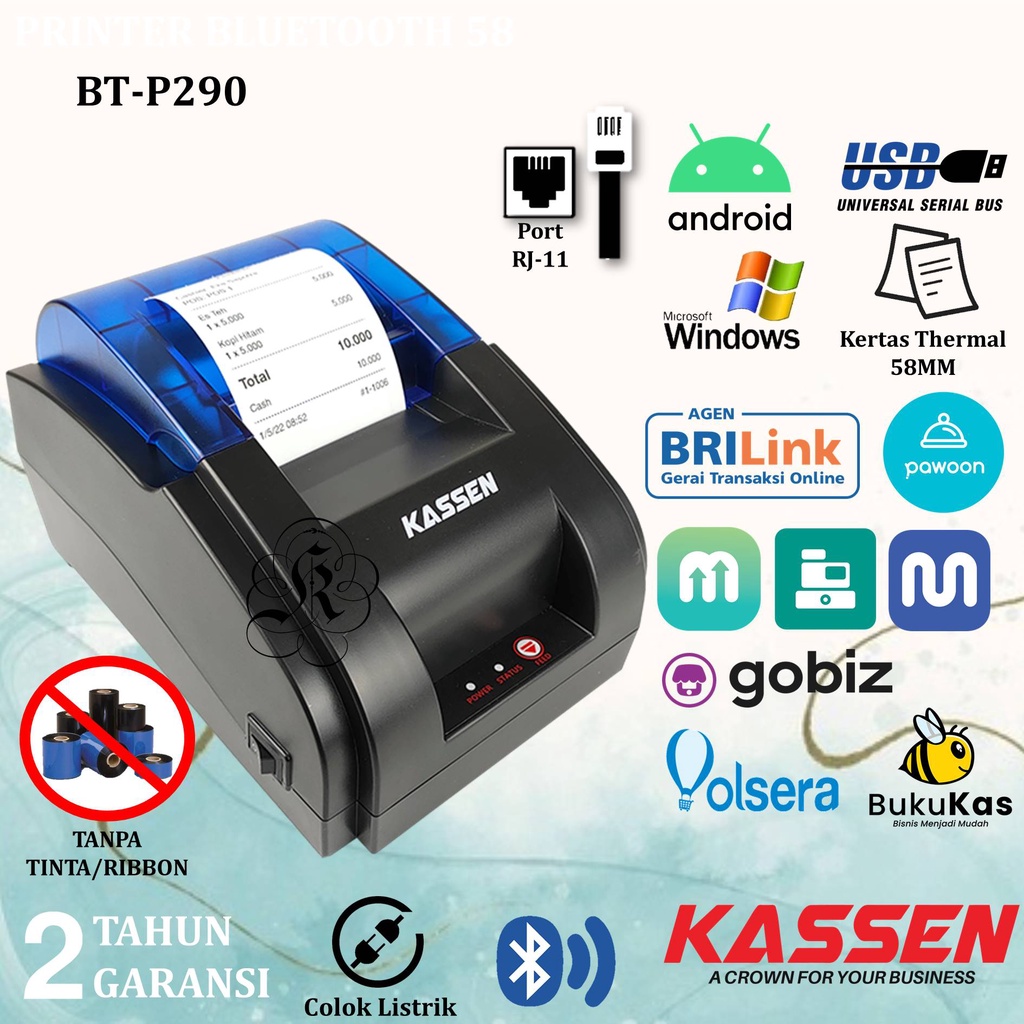 PRINTER THERMAL BLUETOOTH KASSEN BTP299/BT-P299/ BTP290/BT-P290/CX58D/PRJ58 RJ11 SUPPORT QASIR/MOKAPOS/OLSERA/PPOB