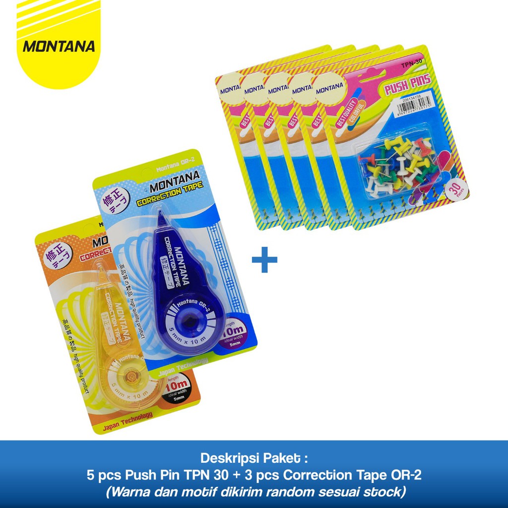 

MONTANA Bundling Jarum Tekan Push Pin 5 Pack and Correction Tape 10 m x 5 mm 3 Pcs TPN-30 + OR-2