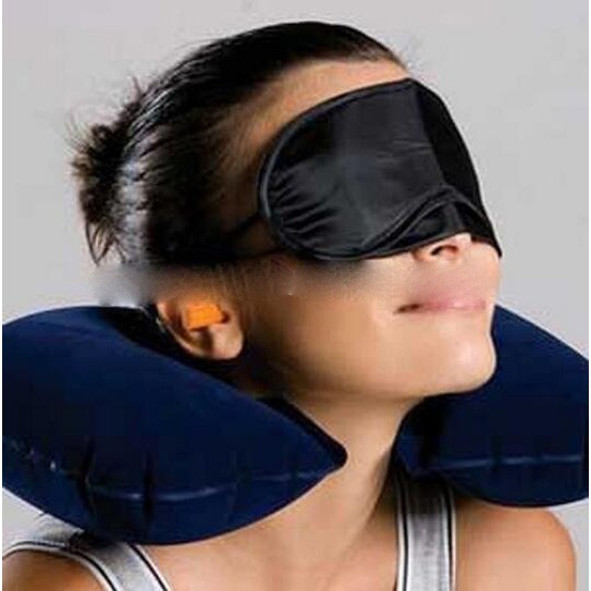 Bantal Leher Inflatable dengan Masker Mata Plus Earplug Navy Blue