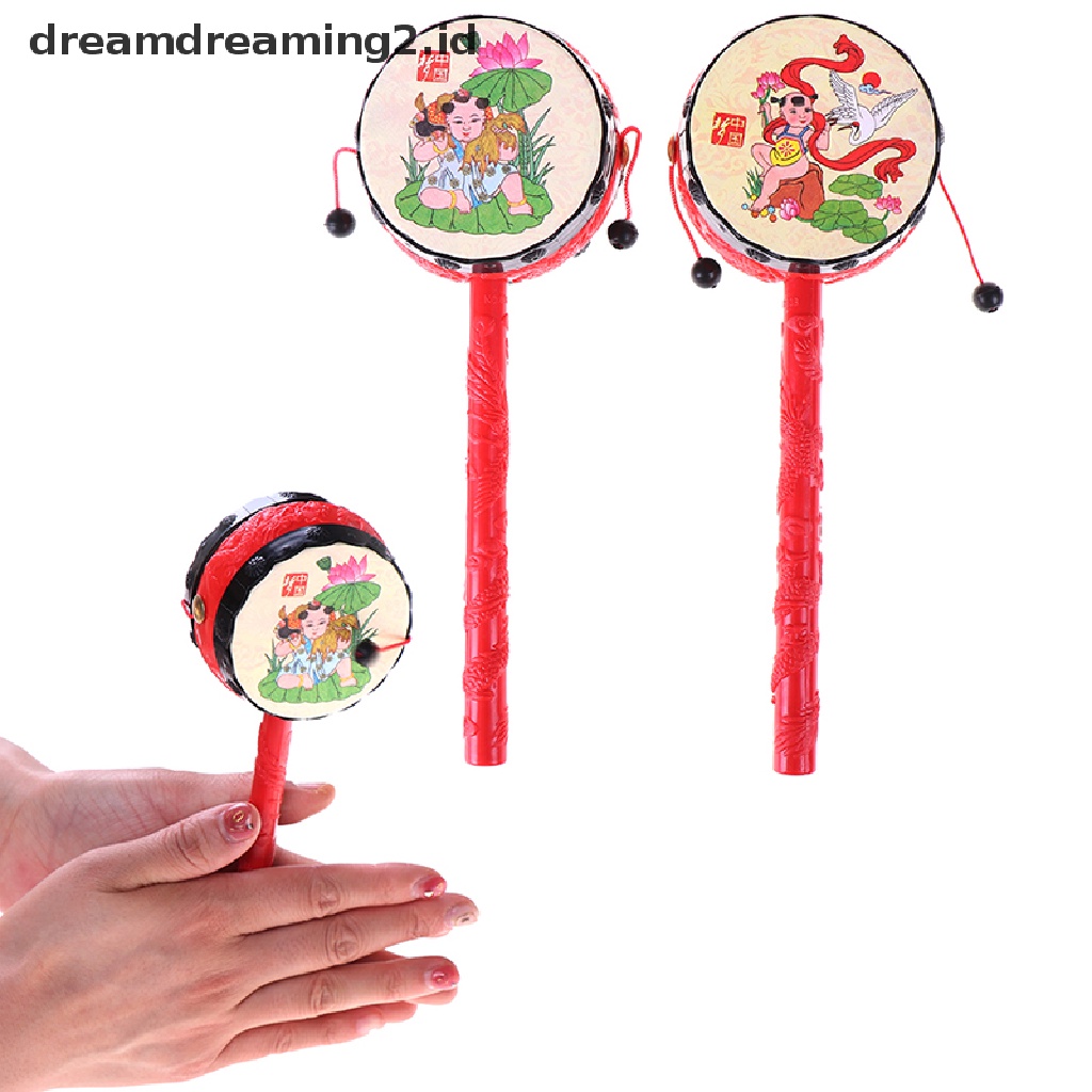 (LIKE) 1pc Mainan rattle Genggam Tradisional Cina Bentuk drum Motif Kartun Untuk Bayi / Anak