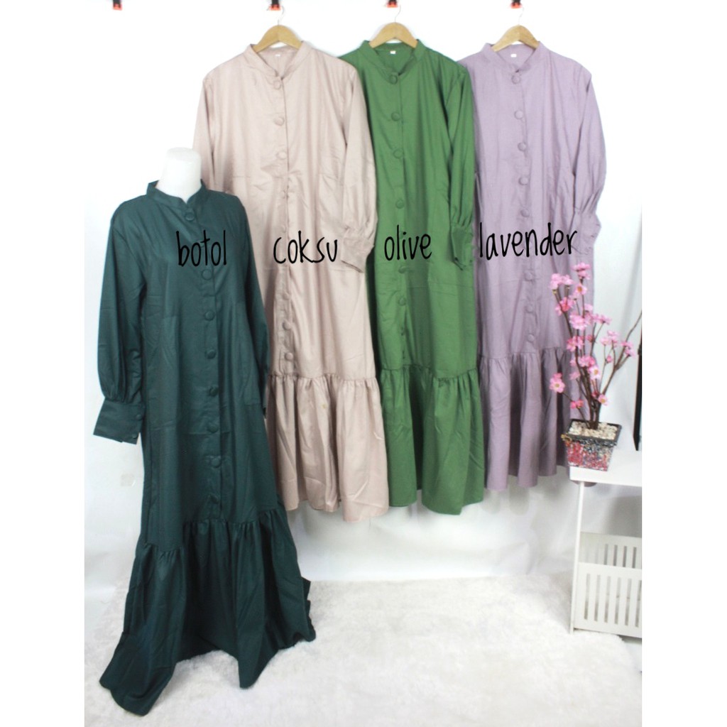 Gamis Toyobo kancing camelia ori alfaro katun jepang adem rempel Ruffle serut kerut saku busana muslim