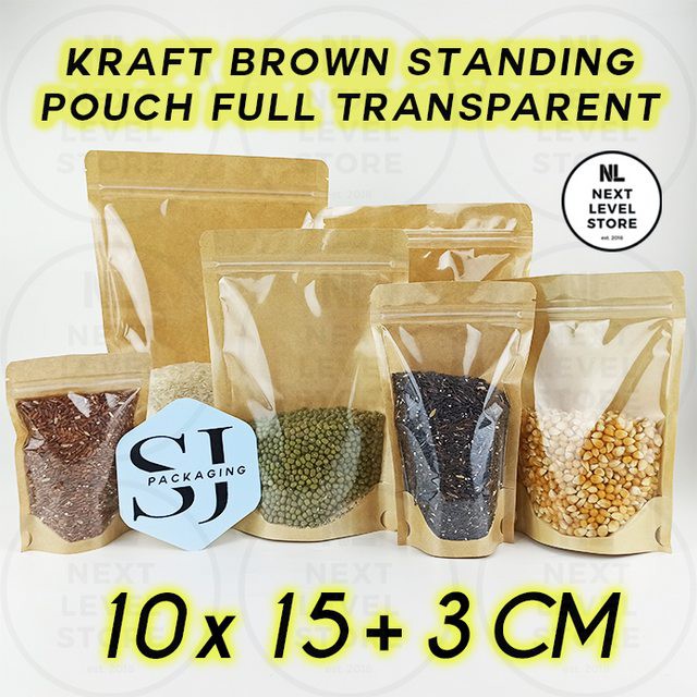 Standing Pouch Kraft Brown 10x15+3cm Full Transparent Ziplock Flat