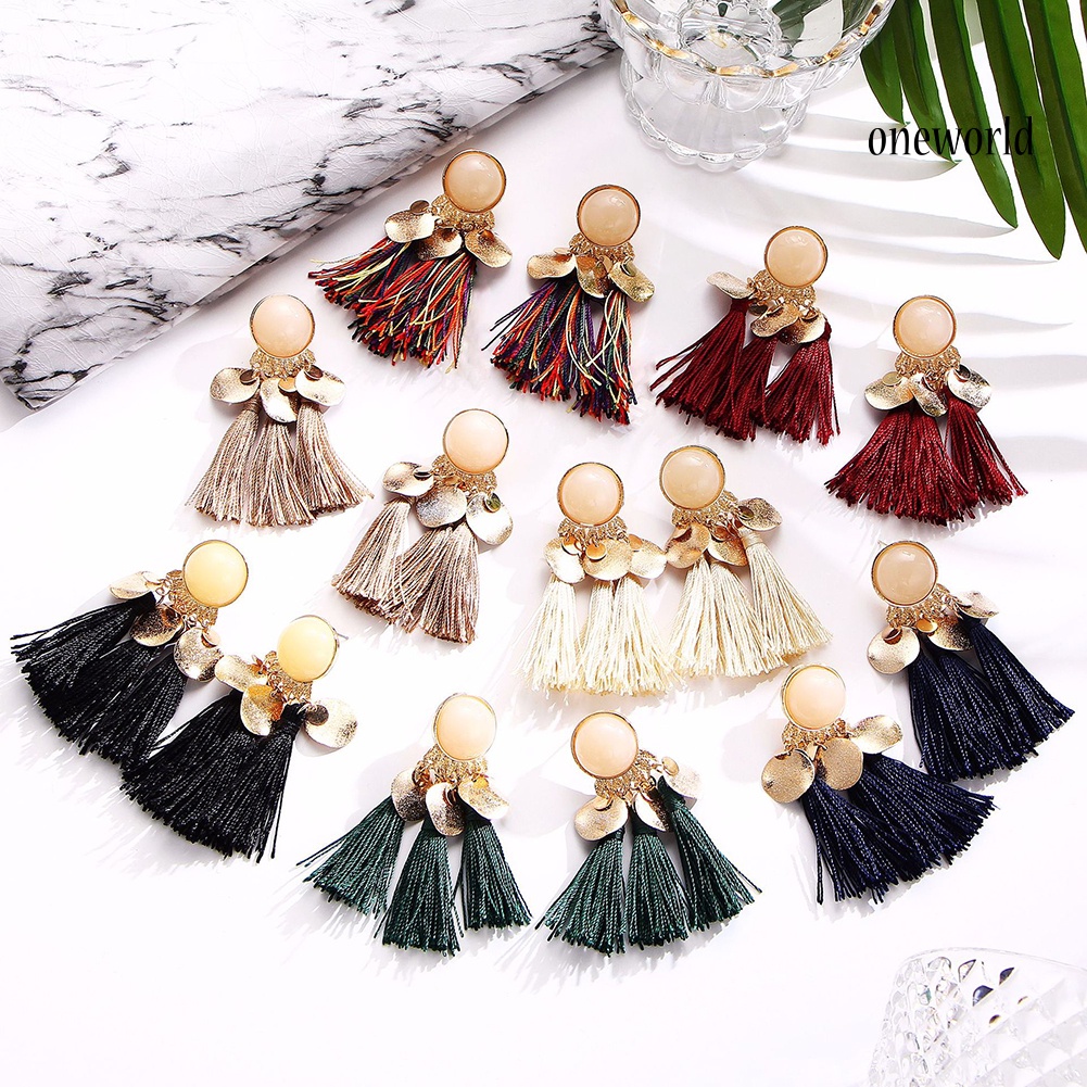 OW@ 1Pair Women Bohemian Tassels Sequins Ear Stud Dangle Earrings Banquet Jewelry