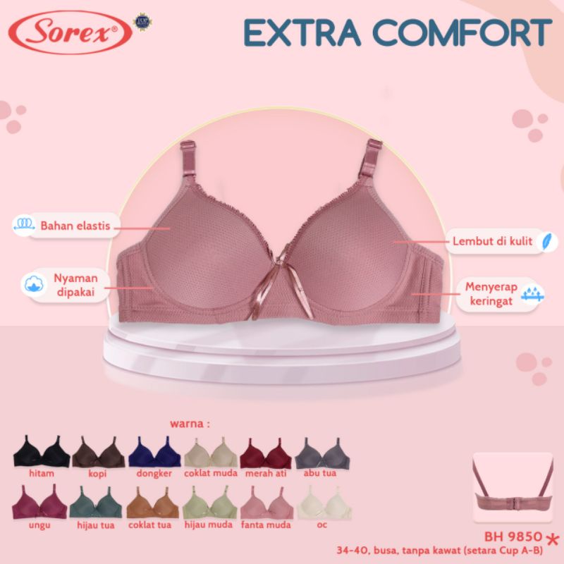 BH Sorex 9850 Bra Elastis Wanita Cup Setara A-B Ukuran 34-40 Busa Tanpa Kawat Lembut di Kulit Ada Pita Termurah