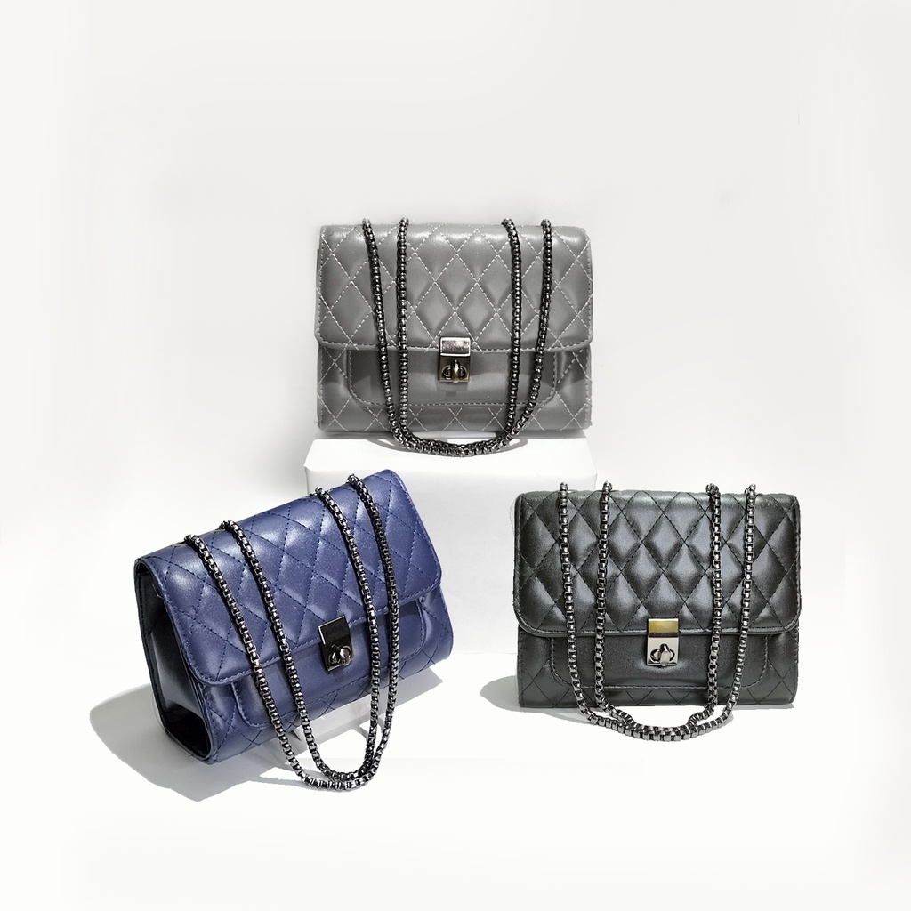 Tas selempang wanita tali rantai hitam slingbag remaja polos shoulder bag cewek handbag strap rante kulit sintetis