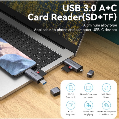 Vention Card Reader Micro SD TF Card USB A Type C Memory Card Adapter