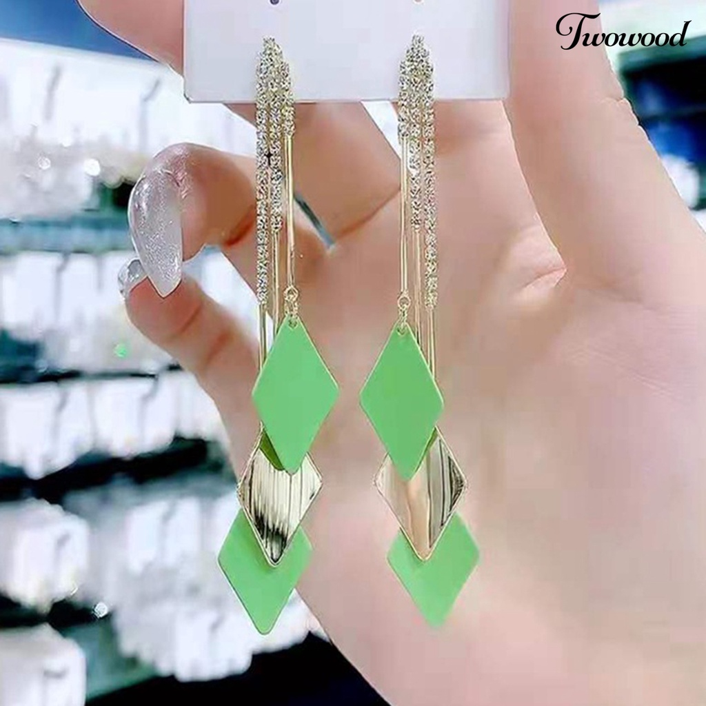 1 Pasang Anting Juntai Rumbai Geometris Aksen Berlian Imitasi Untuk Hadiah Wanita