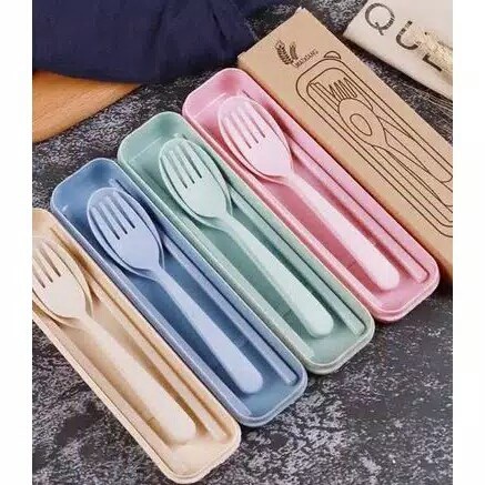 Set Alat Makan Travel Souvenir Sendok Sumpit Garpu Set Jerami 3in1