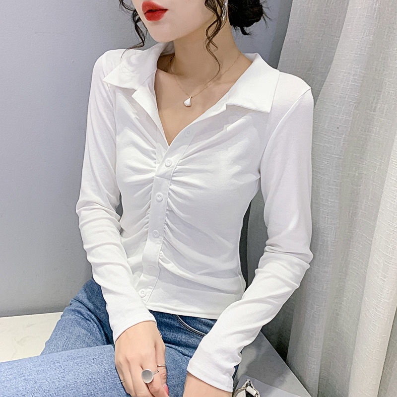 French retro bottoming shirt wanita 2021 baru slim fit temperamen pendek kerah Polo rajutan atas musim semi dan musim gugur