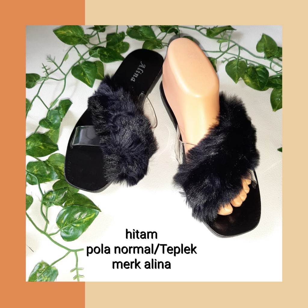  Sandal  Flat Bulu  Tali Silang  Sendal Jelly 1839 Merk Alina 