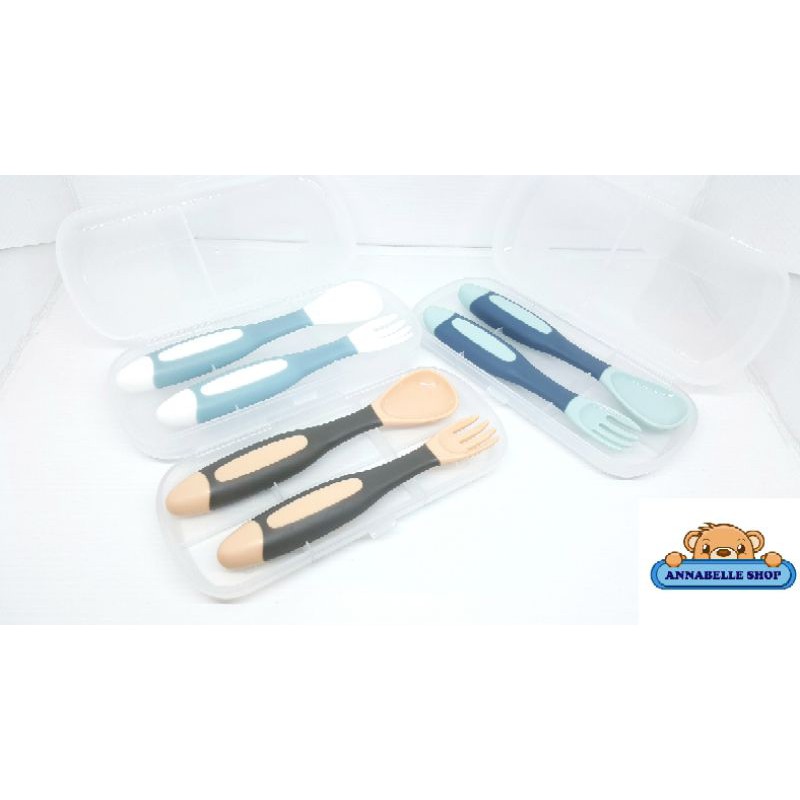 Bendable Flexible Spoon Fork with case sendok bulat mpasi makan bayi bengkok