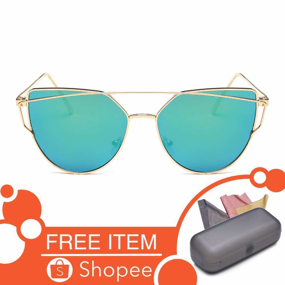 Anti UV Eye Cat Sunglasses [ Hijau Tua Gold ] Pria dan Wanita [Desaign Korea] NY Free Kotak Kacamata