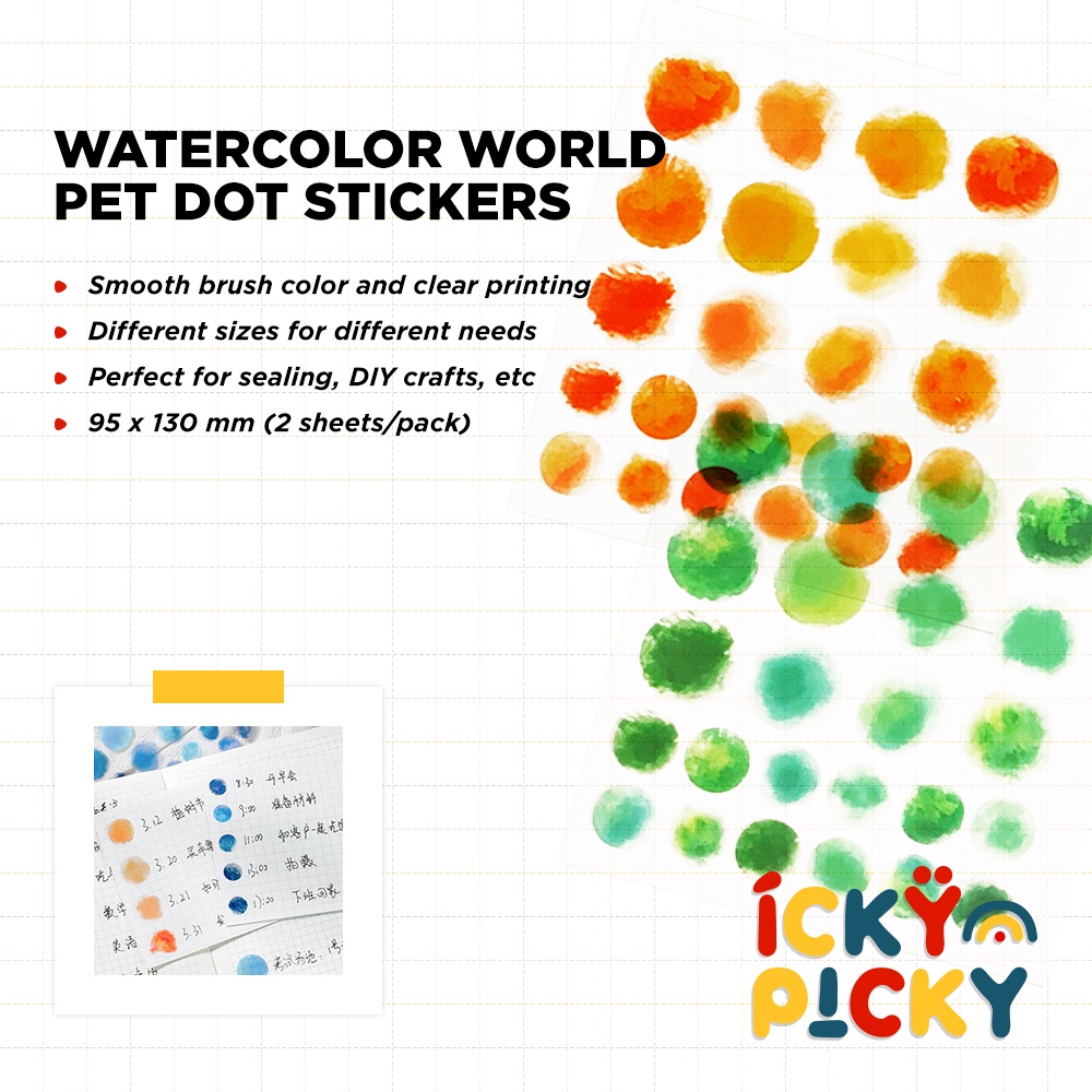 

[ickypicky] MaiMao Watercolor World PET Dot Stickers (2 sheets/pack) | Stiker Motif Cat Air