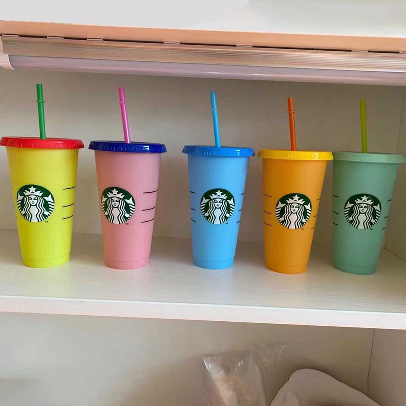 Cangkir Minum Desain Starbucks Bahan Plastik, Dapat Berganti Warna, 24oz