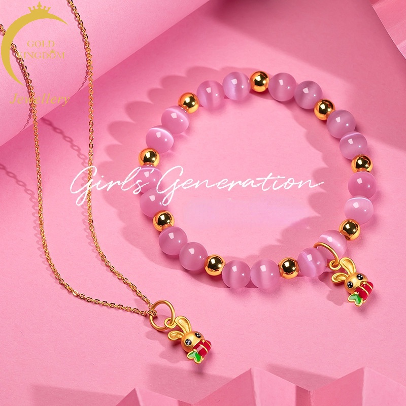Set Kalung Gelang Emas Asli Kadar 375 Desain Mata Kucing Lobak Kelinci Warna Pink