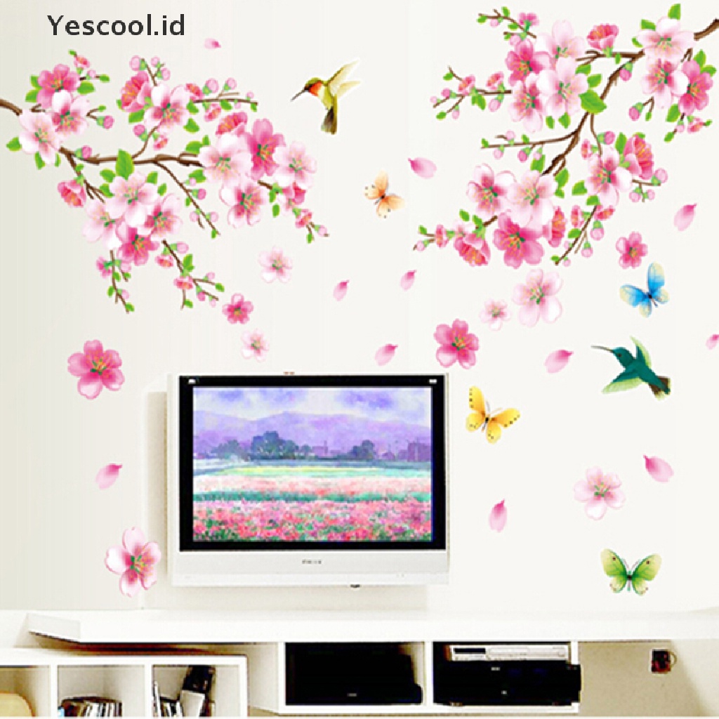 Stiker Dinding Desain Bunga Peach blossom Birds Bahan PVC Dapat Dilepas Untuk Dekorasi Rumah