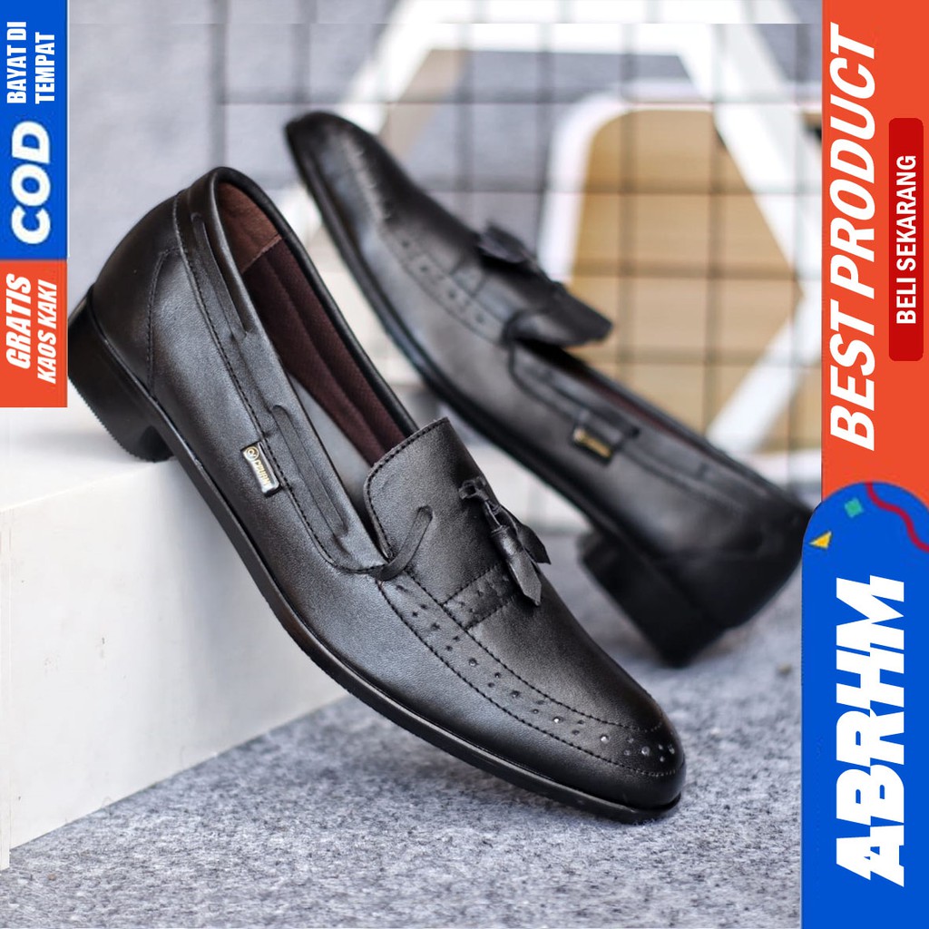 ABRHM X DERROSA Sepatu Formal Pria Sepatu Pantofel Pria Kulit Asli Sepatu Kasual Cowok / Cowo Kuliah Kerja Kantor Kondangan Gaya Keren Kekinian Original Murah Terlaris