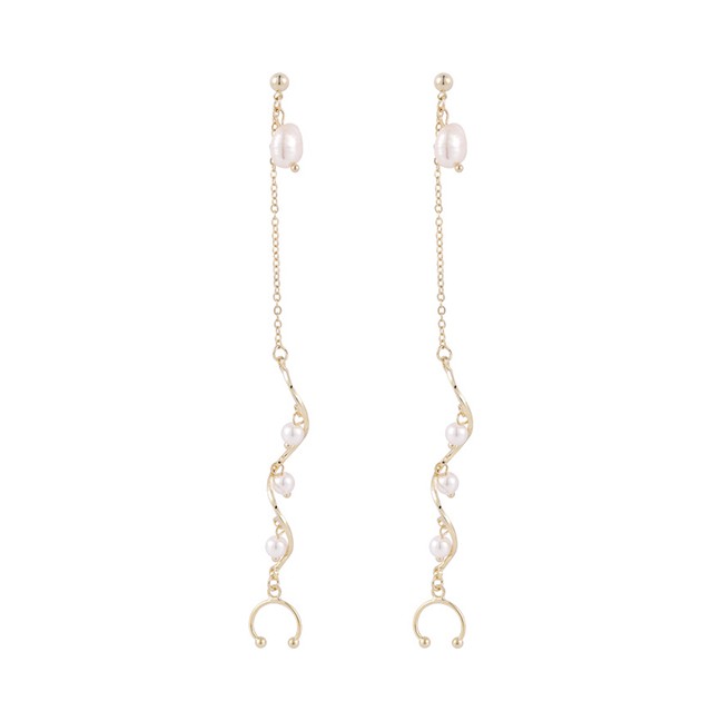 LRC Anting Tusuk Fashion Golden Pearl Chain Spiral Alloy Ear Bone Clip K42158