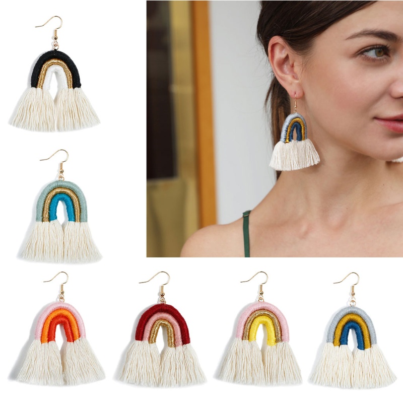 Siy Anting Kait Gantung Bahan Benang Katun Warna Pelangi Gaya Boho Handmade Untuk Wanita