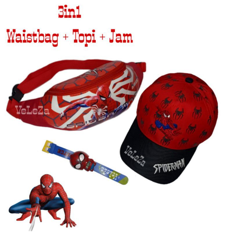 Waistbag anak karakter spiderman 3in1 - waistbag + topi bordir + jam