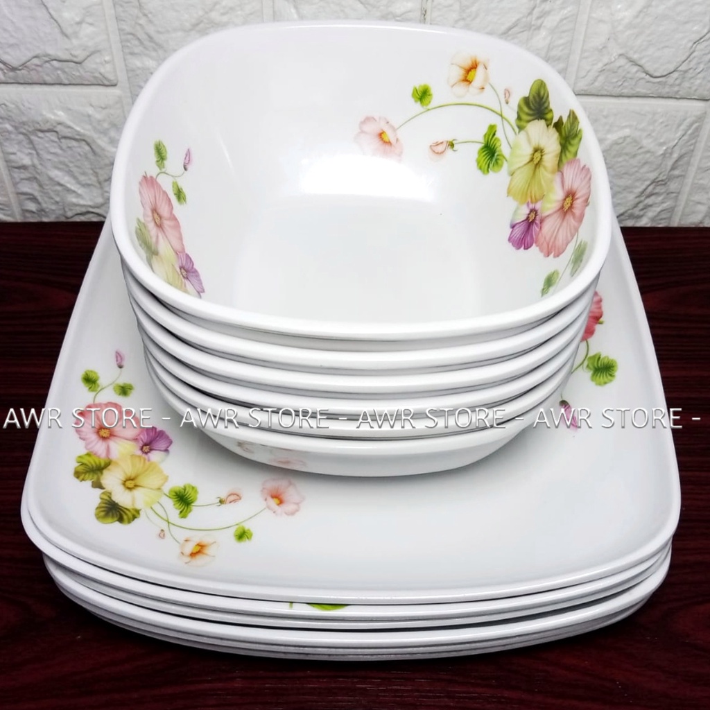 1 SET ISI (6PCS) PERALATAN MAKAN ISI 3PIRING PERSEGI 3MANGKUK MELAMIN ASLI SINGA SINGI TEBAL TAHAN LAMA DIAMETER PIRING 23CM UKURAN MANGKUK M - PIRING SAJI SEBAGUNA - PIRING HIAS-KEMBANG KUNING