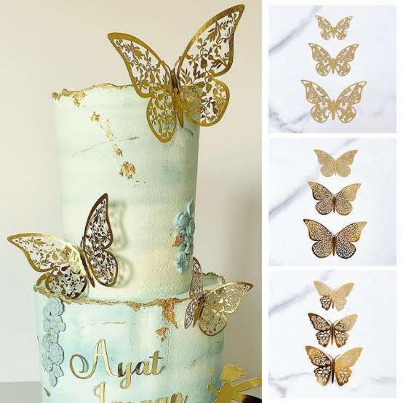 12pcs Topper Butterfly kupukupu Gold Untuk Hiasan Kue Pesta Ulang Tahun / Pernikahan