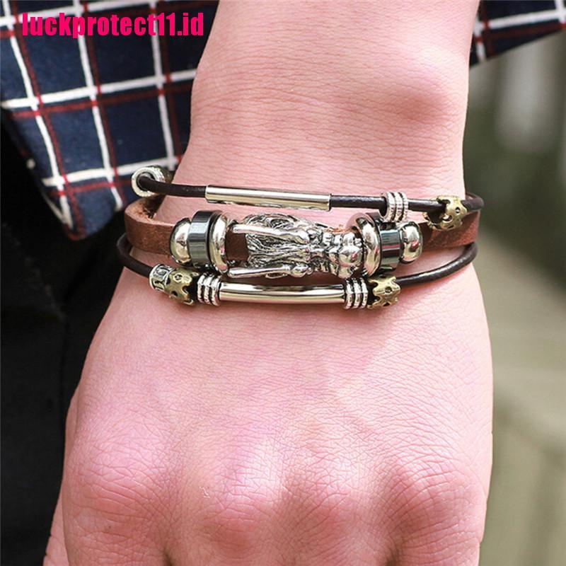 (LUCK) Gelang Tangan Kulit Banyak Lapis Aksen Naga Parataxis Tibet Warna Silver Untuk Pria