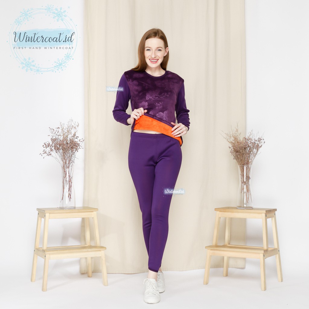 Premium 1 set Longjohn Winter Pria / Wanita thermal underwear long john musim dingin-Ungu Motif (Wanita)
