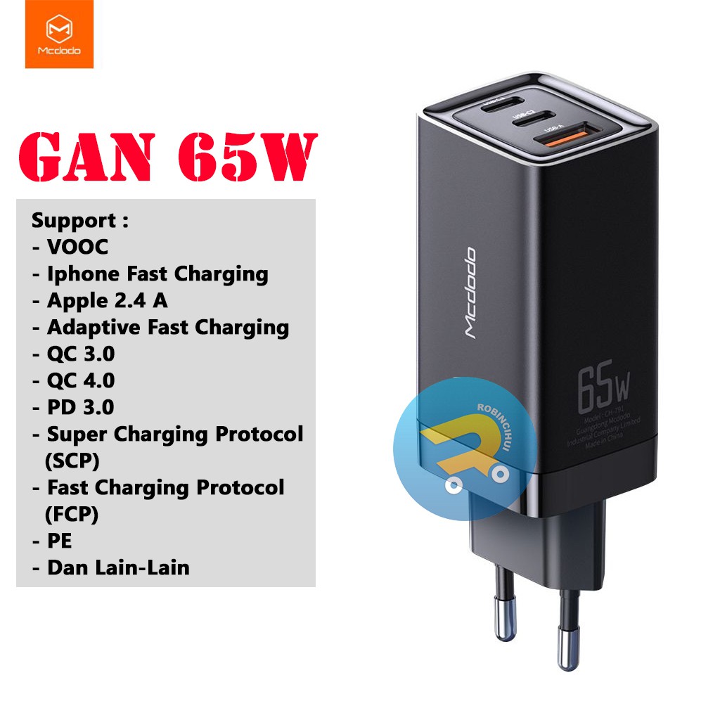 MCDODO Adaptor GAN 65 Watt Charger Triple (3) Slot Fast Charging VOOC - QC3.0 - QC4.0 - Aplle 2.4a, Iphone Fast Charging - Adaptive Fast Charging(AFC) - FCP - SCP Charger Samsung - Adaptor oppo - Adaptor Samsung - Adaptor Vivo - Adaptor Xiaomi