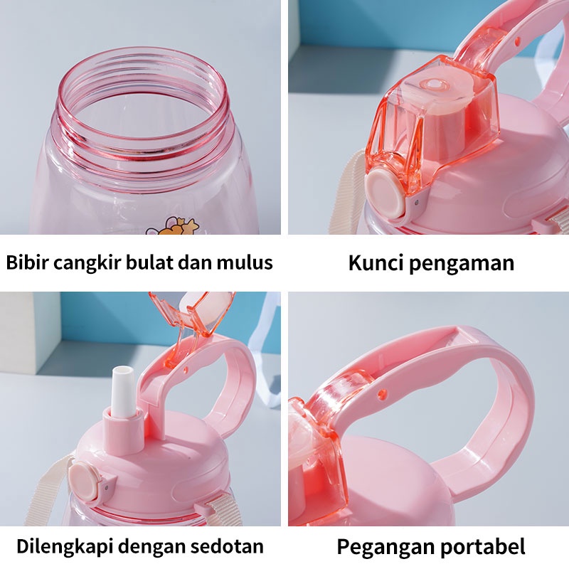 Letyeah &amp; Kaizenliving Botol minum dengan sedotan dan dilengkapi tali 1300ml / botol Kapasitas tinggi free sticker BPA free