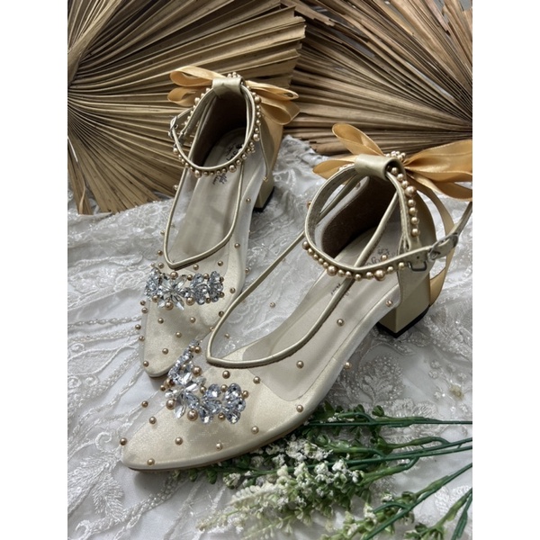 sepatu wanita wedding v merrisa gold tali pita 5cm tahu