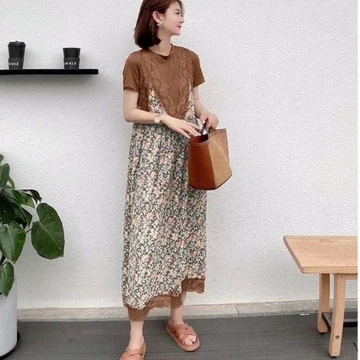 18440 Baju Mididress Midi dress gaun motif bunga flower floral lengan pendek orange pink Korean styl