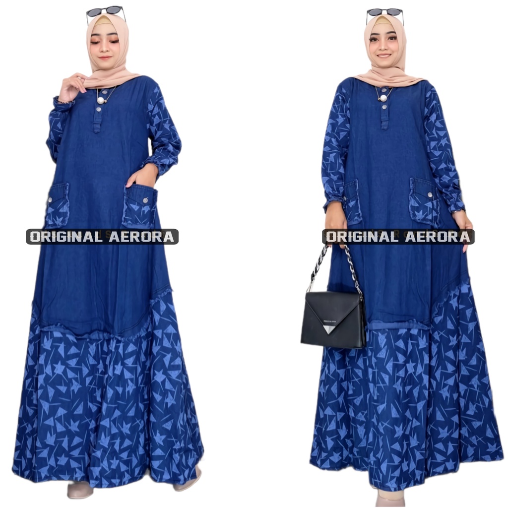 Baju Gamis Dewasa Jeans Jins Denim Wanita Terbaru 2023 Kondangan Modern Busui Update Motif Bintang Premium Kekinian Ld 110 P 138 Starly Maxy Allsize