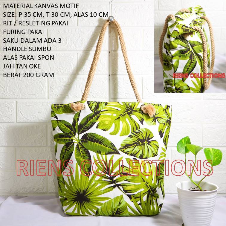 RIENS COLLECTIONS. TOTEBAG KANVAS TALI SUMBU MOTIF ADENIA HIJAU. TAS KANVAS. TAS JOGJA. SOUVENIR JOGJA