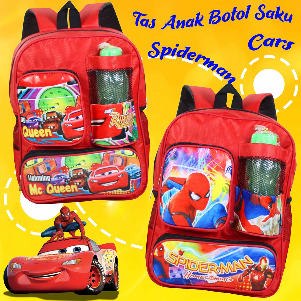 Ransel Anak Free Botol Saku Spiderman x Cars Keren Bagus Murah Awet