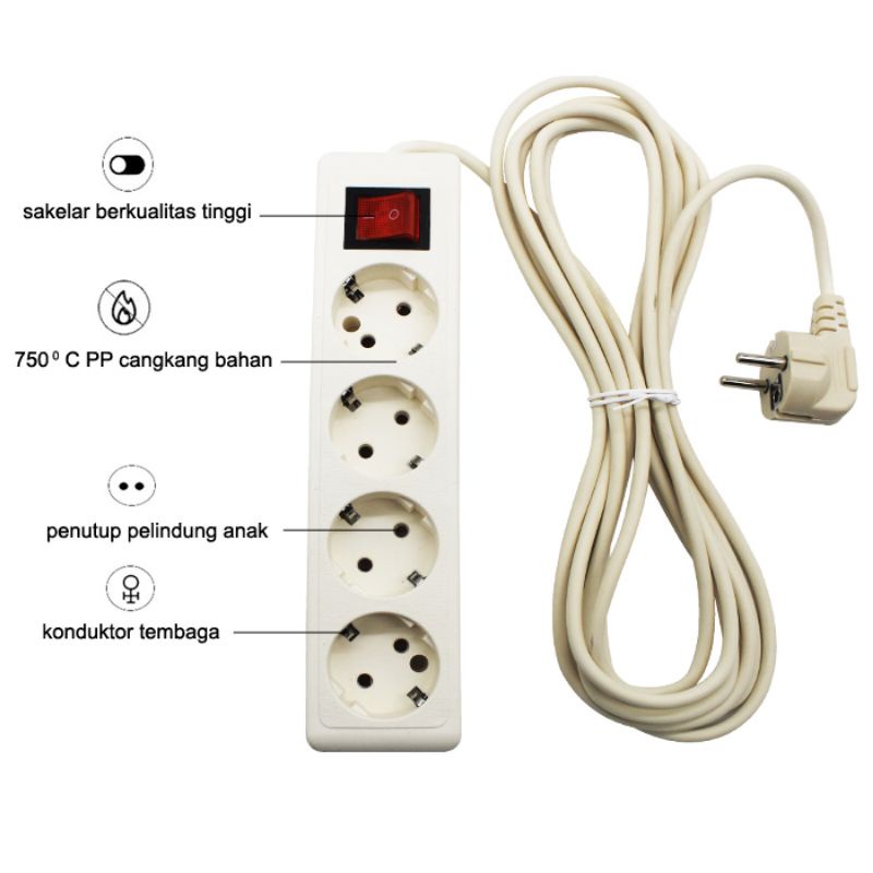 PAGODA Stop Kontak Listrik 4 Lubang Colokan + Kabel 1.5 Meter / 3 Meter / 5 Meter