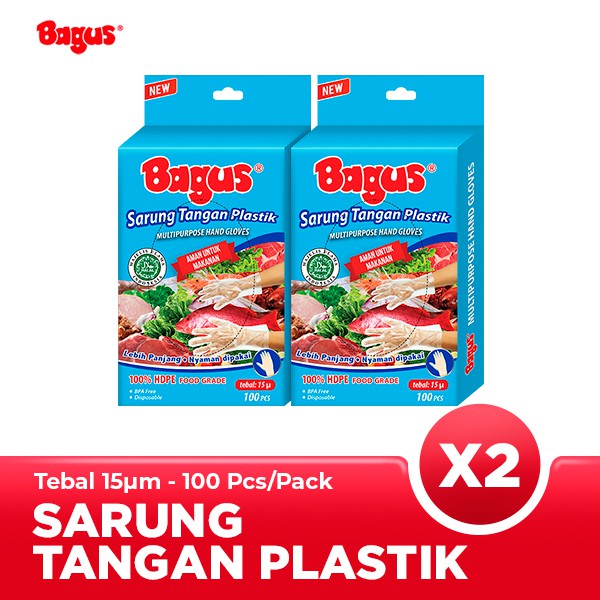 [Twin Pack] Bagus Sarung Tangan Plastik 15 µ 100 Pcs/Pack - Sarung Tangan Multifungsi, 100% HDPE Foo