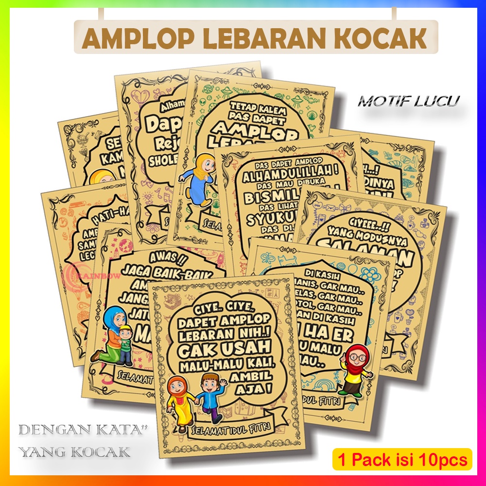 

(1 PACK ISI 10 PCS ) Amplop Lebaran Kocak Lucu Motif & Kata-Kata Lucu Amplop Angpau Idul Fitri Angpao Idul Adha