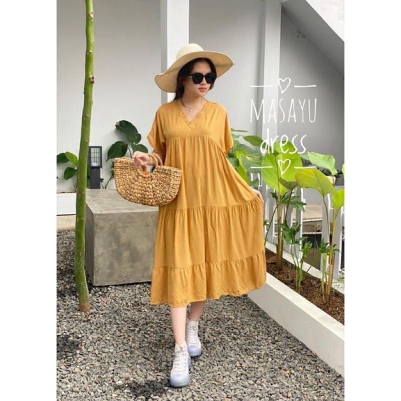 Dress Polos Rayon XXL/Masayu Home Dress Midi Korean Polos Ruffle I Kanzia Homedress LD 120