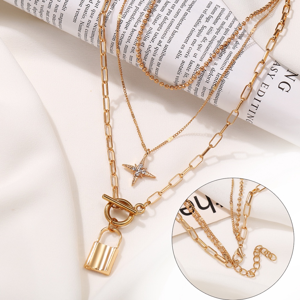 YEEZII Korea Bohemian Kalung Emas Fashion Retro Kupu-kupu Kunci Liontin Multilayer Rantai Kalung Aksesoris Hadiah