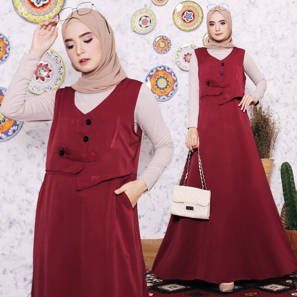 PROMO LEBARAN GAMIS KATUN MAXI DRESS SET DALAMAN/KANCING DEPAN/SEKODER