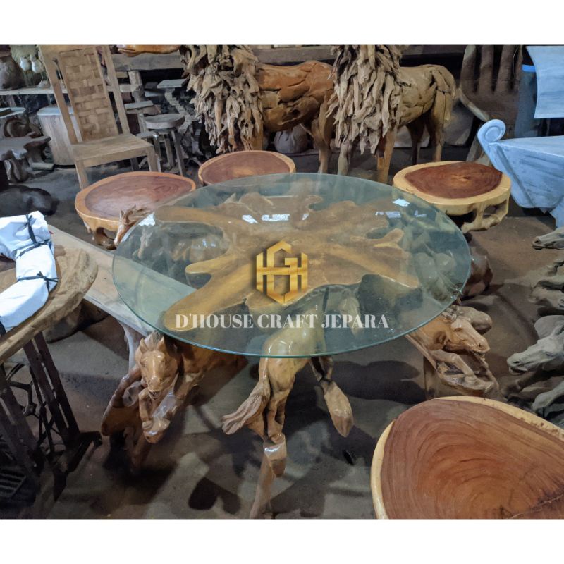 Set Meja Bonggol Akar Kayu Jati Ukiran Kuda & 4 Kursi Stool Antik