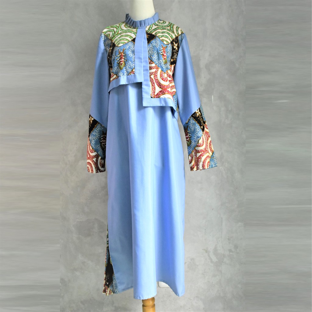 Tunik Lengan Panjang ZARMING Katun Batik Cap Kombinasi Polos Muslimah Biru - L & XL