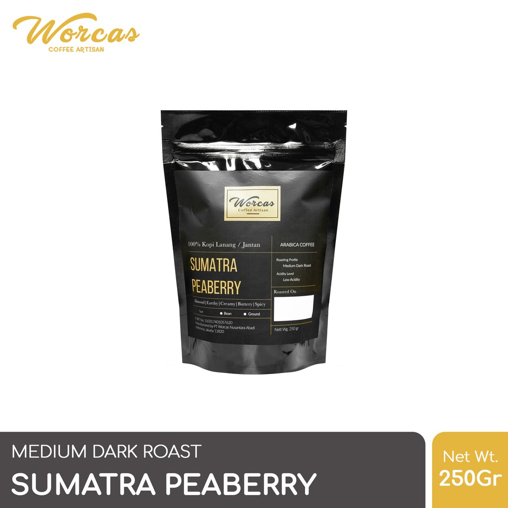 

WORCAS Arabica Coffee Sumatra Peaberry 250 Gram - Medium Dark Roast