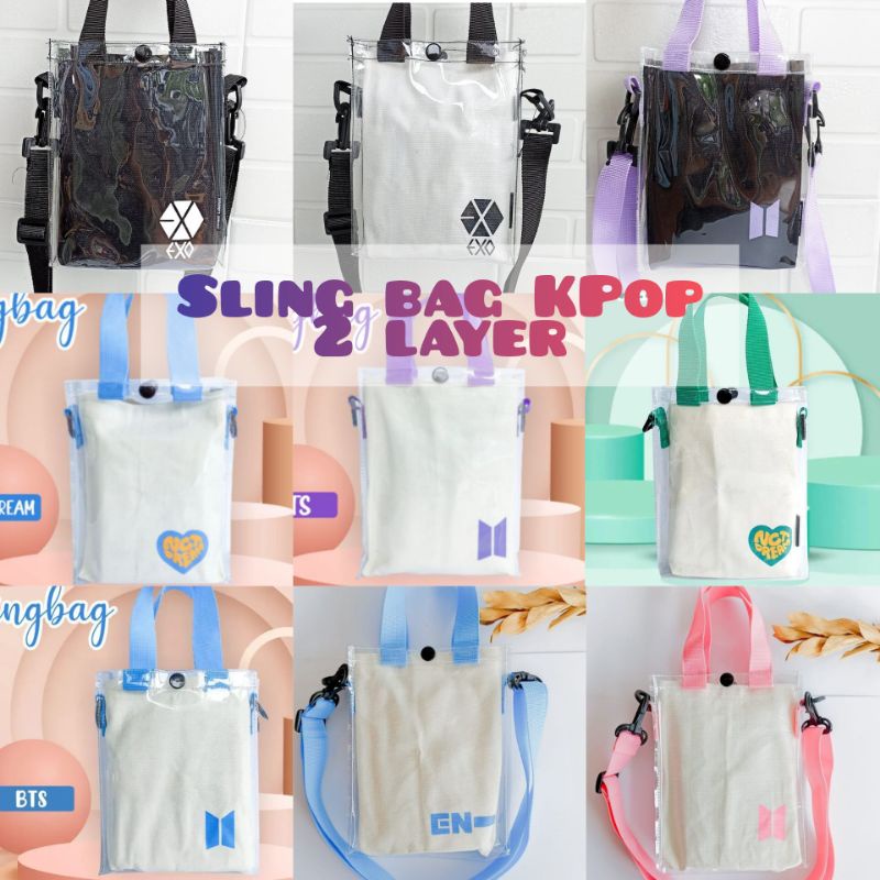 Sling Bag tas selempang KPop wanita kanvas premium dua 2 layer Murasakino 2 in 1 KPop BTS bities ENH