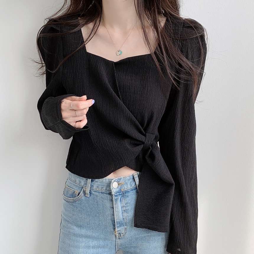 Wrap Top Crinkle Shirt Wanita Kemeja Lengan Panjang Korean Style Crop Top Blouse Hitam