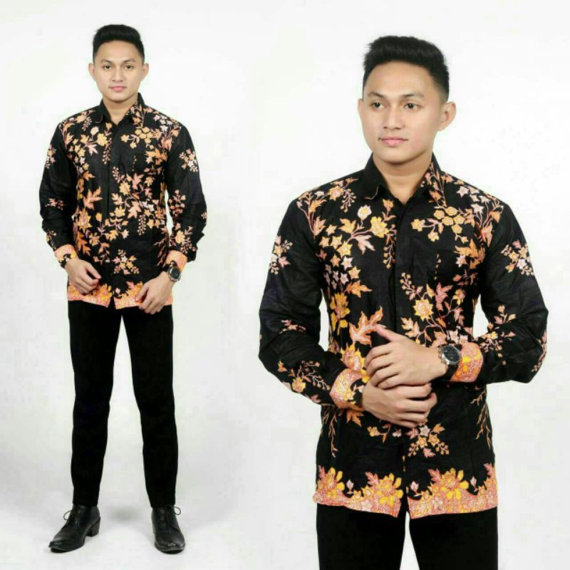 SAROJA BATIK Couple Sibulan kuning mix Ballotelli sarimbit batik couple batik keluarga-Kemeja ayah panjang