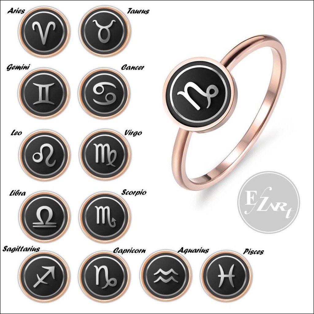 CINCIN SIMBOL ZODIAC ROSE GOLD BULAT WARNA HITAM UNTUK WANITA BAHAN TITANIUM STEEL