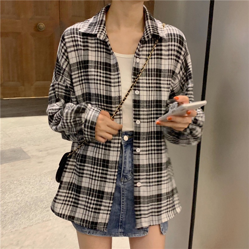 kemeja wanita Korea plaid shirt oversize retro panjang lengan semua pertandingan-539hitam
