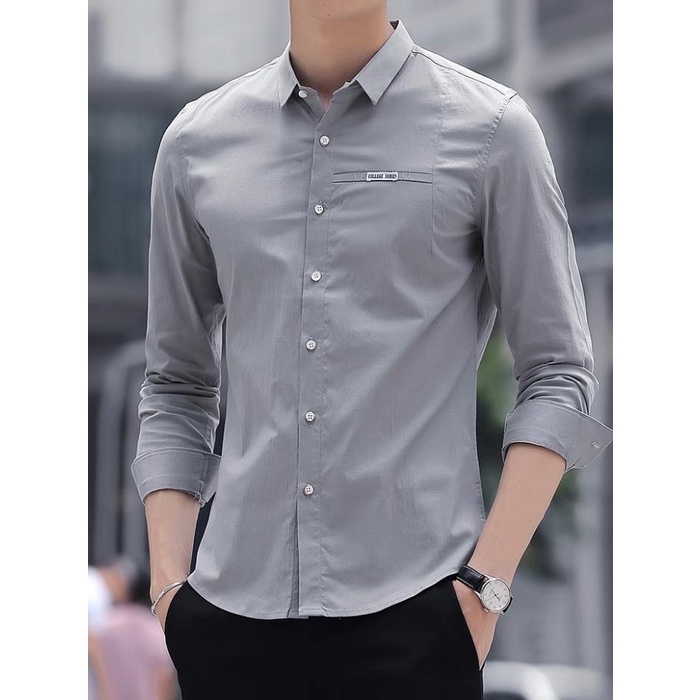 Kemeja pria Kemeja Lengan Panjang Cowok Pria Mosko Premium Casual Hem Kerja Kantor - Abu-abu, standa